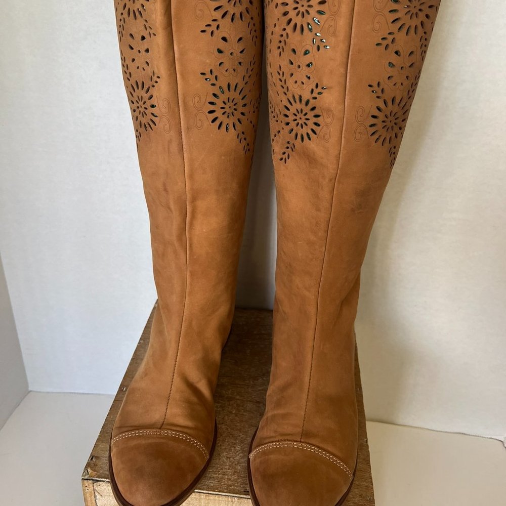 Anthropologie Laurel Tall Tan Boots with Laser Cut Outs